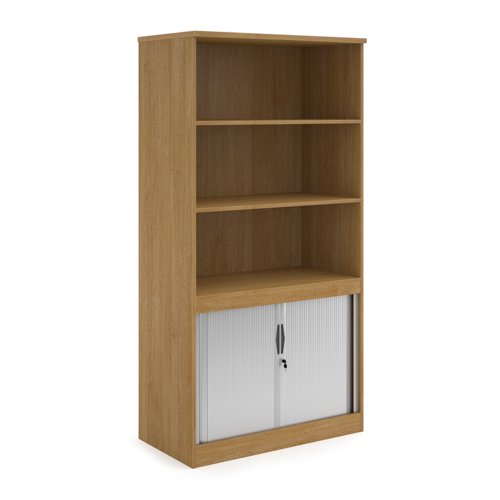 Systems combination unit with tambour doors and open top 2000mm high with 2 shelves - oak