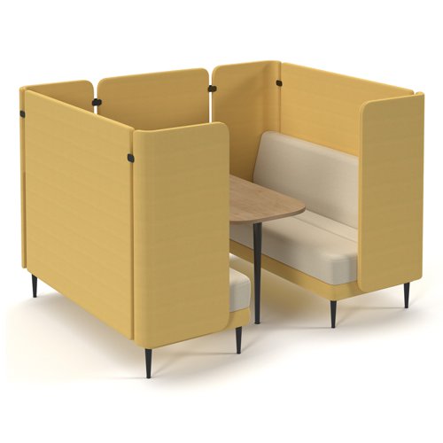 Trinity 4 person meeting booth with no arms and kendal oak table for integrated power - made to order