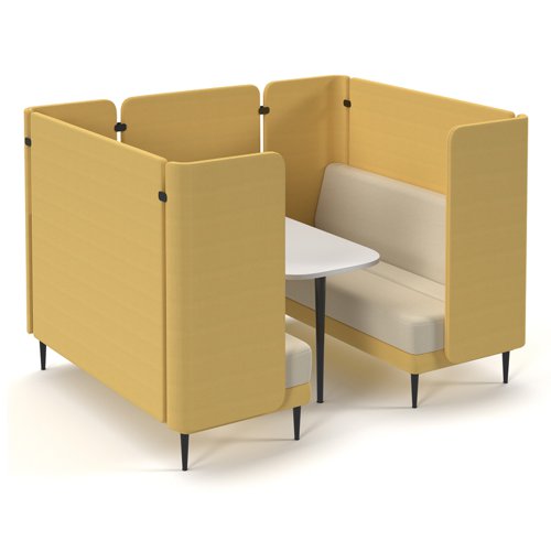 Trinity 4 person meeting booth with no arms and white table for integrated power - made to order