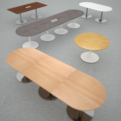 Our trumpet base tables are a modern solution for any boardroom featuring a robust, steel circular base available in silver, white or chrome that offers the ultimate in strength and durability. Curved and straight table tops are available in a choice of five colour finishes to present your company in the best possible way, whether the need calls for impromptu meetings or creative collaboration.
