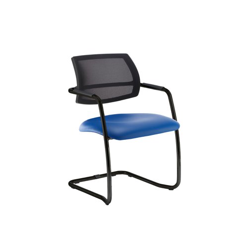 Tuba black cantilever frame conference chair with half mesh back - Ocean Blue vinyl