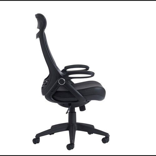 The Tuscan high back managers chair collection has a uniquely shaped back and headrest which ensures the chair adapts to the users back and provides just the right amount of comfort and support. Available in black leather, fully upholstered or with a mesh back and black fabric seat, Tuscan has ample cushioning whilst retaining a modern pillow design with sleek contours.