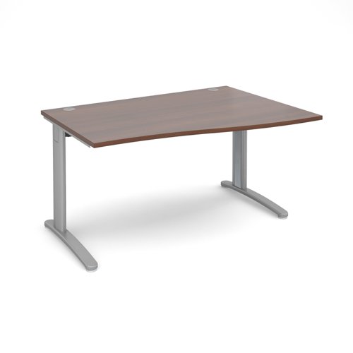 TR10 right hand wave desk 1400mm - silver frame, walnut top