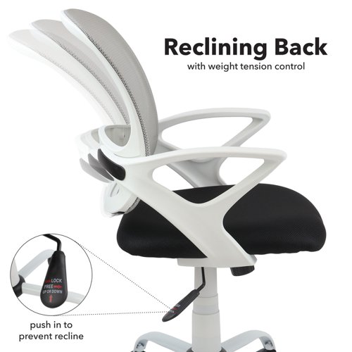 Tyler is an infinitely stylish, contemporary mesh back task chair that offers an executive feel in the constraints of a task chair. The chair comes with a modern white frame and integrated fixed arms with a contrasting black fabric seat pad, and the five-star steel curved base comes as standard in a white finish.