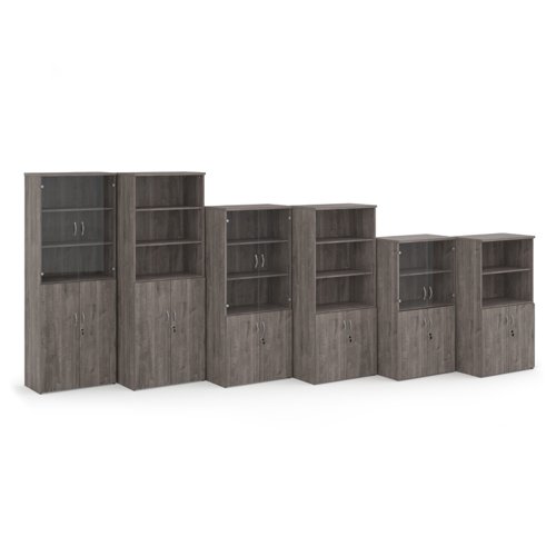 Universal combination unit with glass upper doors 2140mm high with 5 shelves - grey oak