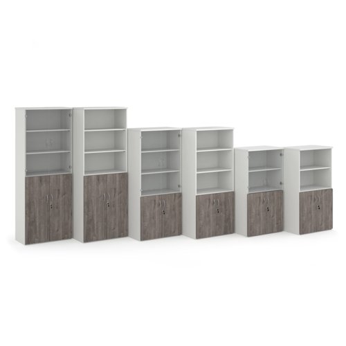 Duo combination unit with glass upper doors 2140mm high with 5 shelves - white with grey oak lower doors