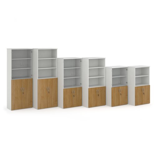 Duo combination unit with open top 1440mm high with 3 shelves - white with oak lower doors