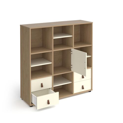 Universal cube storage unit 1295mm high with 6 open boxes and glides - oak