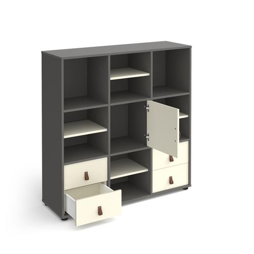 Universal cube storage unit 875mm high with 4 open boxes and glides - grey