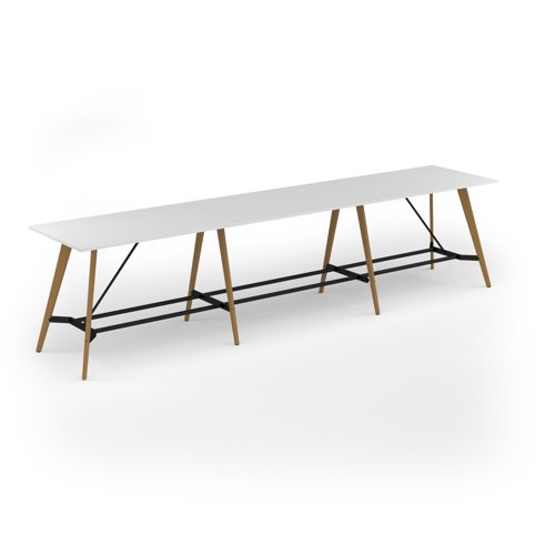 Unity poseur height worktable 4800w x 1000d with 4x solid oak legs, top in white