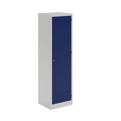 Steel police locker with 1 shelf and 1 coat rail - grey with blue door