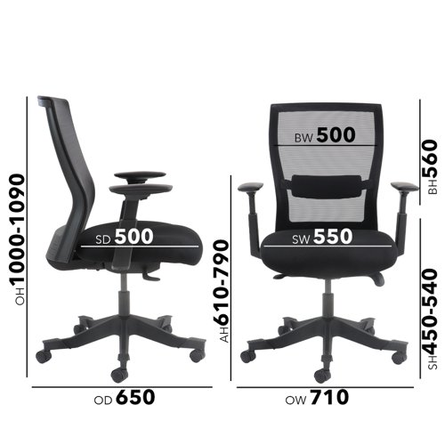 Yasmin mesh back operator chair with black fabric seat and black mesh back | YAS300T1-K | Dams International