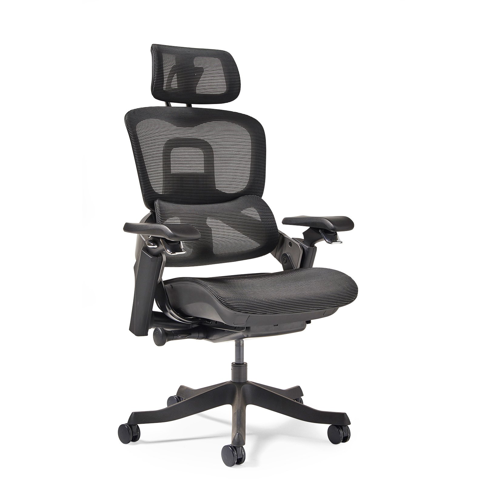Lyra is a fully ergonomic task chair with adjustable arms and integrated head rest in black