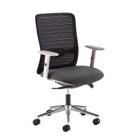 Arcade black mesh back operator chair with grey fabric seat and light grey frame and chrome base