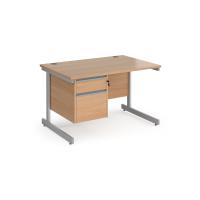 Contract 25 straight desk with 2 drawer pedestal and silver cantilever leg 1200mm x 800mm - beech top