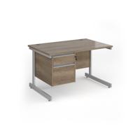 Contract 25 straight desk with 2 drawer pedestal and silver cantilever leg 1200mm x 800mm - nebraska oak top