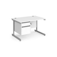 Contract 25 straight desk with 2 drawer pedestal and silver cantilever leg 1200mm x 800mm - white top