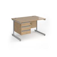 Contract 25 straight desk with 3 drawer pedestal and silver cantilever leg 1200mm x 800mm - kendal oak top