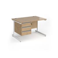 Contract 25 straight desk with 3 drawer pedestal and white cantilever leg 1200mm x 800mm - kendal oak top