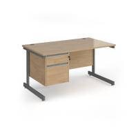 Contract 25 straight desk with 2 drawer pedestal and graphite cantilever leg 1400mm x 800mm - kendal oak top