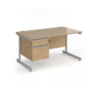Contract 25 straight desk with 2 drawer pedestal and silver cantilever leg 1400mm x 800mm - kendal oak top
