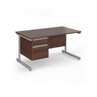 Contract 25 straight desk with 2 drawer pedestal and silver cantilever leg 1400mm x 800mm - walnut top