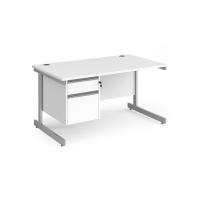 Contract 25 straight desk with 2 drawer pedestal and silver cantilever leg 1400mm x 800mm - white top