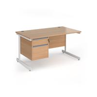 Contract 25 straight desk with 2 drawer pedestal and white cantilever leg 1400mm x 800mm - beech top
