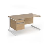 Contract 25 straight desk with 2 drawer pedestal and white cantilever leg 1400mm x 800mm - kendal oak top