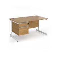Contract 25 straight desk with 2 drawer pedestal and white cantilever leg 1400mm x 800mm - oak top