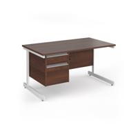 Contract 25 straight desk with 2 drawer pedestal and white cantilever leg 1400mm x 800mm - walnut top