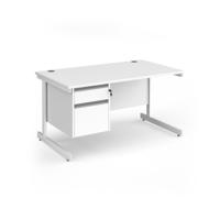 Contract 25 straight desk with 2 drawer pedestal and white cantilever leg 1400mm x 800mm - white top
