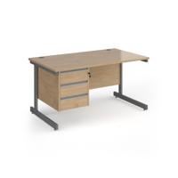 Contract 25 straight desk with 3 drawer pedestal and graphite cantilever leg 1400mm x 800mm - kendal oak top