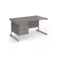 Contract 25 straight desk with 3 drawer pedestal and silver cantilever leg 1400mm x 800mm - grey oak top