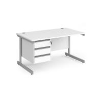 Contract 25 straight desk with 3 drawer pedestal and silver cantilever leg 1400mm x 800mm - white top