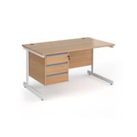 Contract 25 straight desk with 3 drawer pedestal and white cantilever leg 1400mm x 800mm - beech top