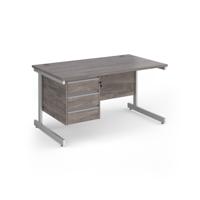 Contract 25 straight desk with 3 drawer pedestal and white cantilever leg 1400mm x 800mm - grey oak top