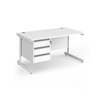 Contract 25 straight desk with 3 drawer pedestal and white cantilever leg 1400mm x 800mm - white top