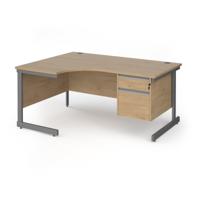 Contract 25 left hand ergonomic desk with 2 drawer pedestal and graphite cantilever leg 1600mm - kendal oak top