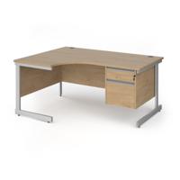 Contract 25 left hand ergonomic desk with 2 drawer pedestal and silver cantilever leg 1600mm - kendal oak top