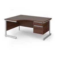 Contract 25 left hand ergonomic desk with 2 drawer pedestal and silver cantilever leg 1600mm - walnut top