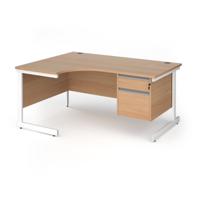 Contract 25 left hand ergonomic desk with 2 drawer pedestal and white cantilever leg 1600mm - beech top