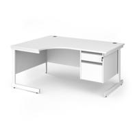Contract 25 left hand ergonomic desk with 2 drawer pedestal and white cantilever leg 1600mm - white top