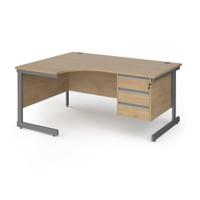 Contract 25 left hand ergonomic desk with 3 drawer pedestal and graphite cantilever leg 1600mm - kendal oak top