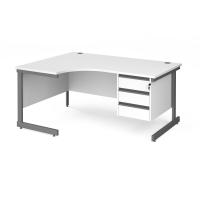 Contract 25 left hand ergonomic desk with 3 drawer pedestal and graphite cantilever leg 1600mm - white top