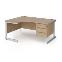Contract 25 left hand ergonomic desk with 3 drawer pedestal and silver cantilever leg 1600mm - kendal oak top