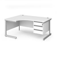 Contract 25 left hand ergonomic desk with 3 drawer pedestal and silver cantilever leg 1600mm - white top