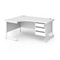 Contract 25 left hand ergonomic desk with 3 drawer pedestal and white cantilever leg 1600mm - white top