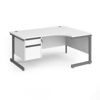 Contract 25 right hand ergonomic desk with 2 drawer pedestal and graphite cantilever leg 1600mm - white top