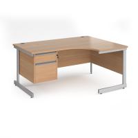 Contract 25 right hand ergonomic desk with 2 drawer pedestal and silver cantilever leg 1600mm - beech top